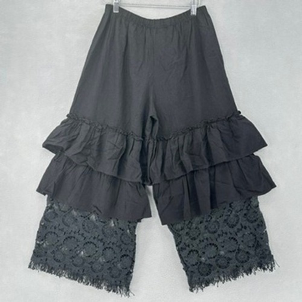 L&B Lucky & Blessed Black Ruffle Lace Crochet Linen Blend Boho Wide Leg Pants S - Picture 2 of 9